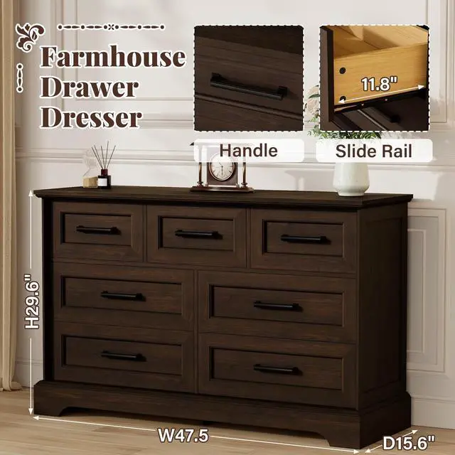 Alt view image 3 of 7 - Farmhouse Dresser for Bedroom, 7 Drawers Dresser, Wood Chest of Drawers, 47.5" Wide Storage Dressers Organizer for Bedroom, Living Room, Dark Brown