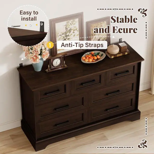 Alt view image 4 of 7 - Farmhouse Dresser for Bedroom, 7 Drawers Dresser, Wood Chest of Drawers, 47.5" Wide Storage Dressers Organizer for Bedroom, Living Room, Dark Brown
