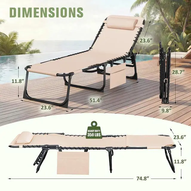 Alt view image 3 of 7 - 2 Pack Beach Lounge Chair, Outdoor Sun Tanning Chair with Face Hole, Heavy Duty Folding Portable Lay Chaise Lounge Chairs for Outside Beach Pool Camping Patio, Beige