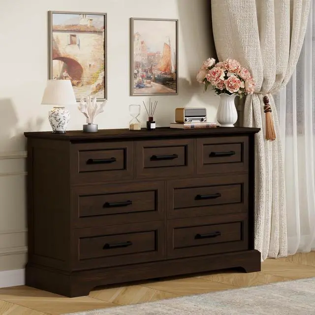 Alt view image 2 of 7 - Farmhouse Dresser for Bedroom, 7 Drawers Dresser, Wood Chest of Drawers, 47.5" Wide Storage Dressers Organizer for Bedroom, Living Room, Dark Brown