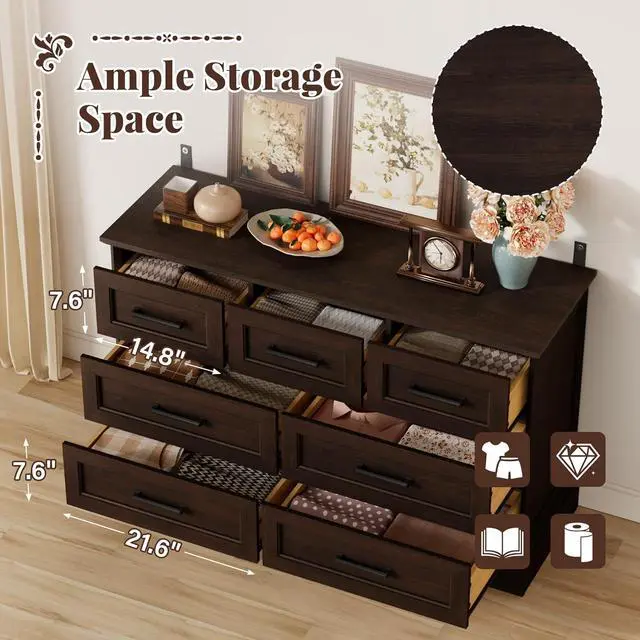 Alt view image 5 of 7 - Farmhouse Dresser for Bedroom, 7 Drawers Dresser, Wood Chest of Drawers, 47.5" Wide Storage Dressers Organizer for Bedroom, Living Room, Dark Brown