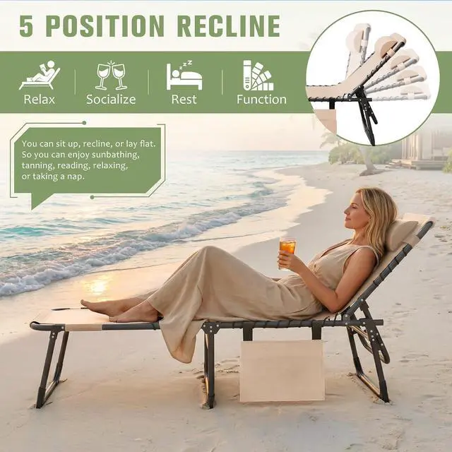 Alt view image 6 of 7 - 2 Pack Beach Lounge Chair, Outdoor Sun Tanning Chair with Face Hole, Heavy Duty Folding Portable Lay Chaise Lounge Chairs for Outside Beach Pool Camping Patio, Beige