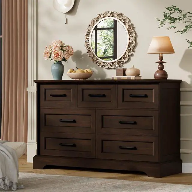 Alt view image 6 of 7 - Farmhouse Dresser for Bedroom, 7 Drawers Dresser, Wood Chest of Drawers, 47.5" Wide Storage Dressers Organizer for Bedroom, Living Room, Dark Brown
