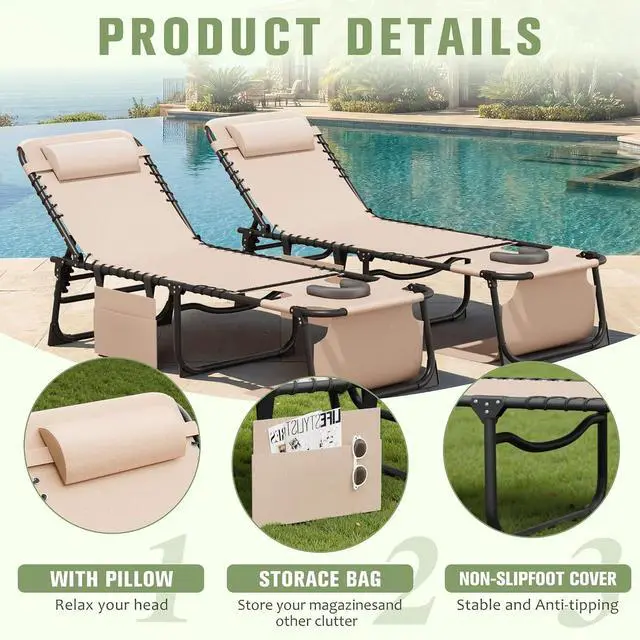 Alt view image 5 of 7 - 2 Pack Beach Lounge Chair, Outdoor Sun Tanning Chair with Face Hole, Heavy Duty Folding Portable Lay Chaise Lounge Chairs for Outside Beach Pool Camping Patio, Beige