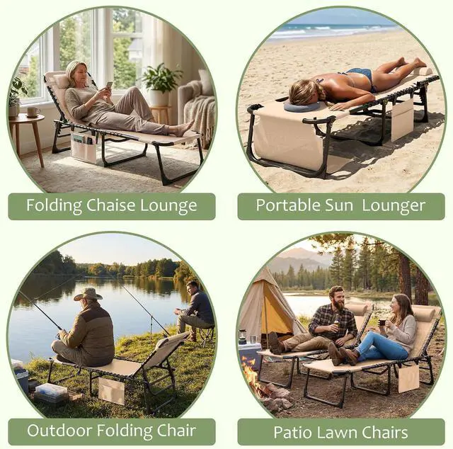 Alt view image 7 of 7 - 2 Pack Beach Lounge Chair, Outdoor Sun Tanning Chair with Face Hole, Heavy Duty Folding Portable Lay Chaise Lounge Chairs for Outside Beach Pool Camping Patio, Beige