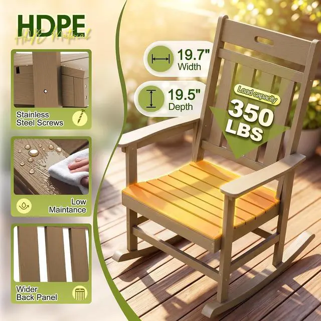Alt view image 4 of 7 - Outdoor Rocking Chair, Weather Resistant Patio Rocker with High Back and Wide Armrests, Heavy Duty 350 lbs Capacity, Smooth Gliding for Porch Backyard Garden, Low Maintenance