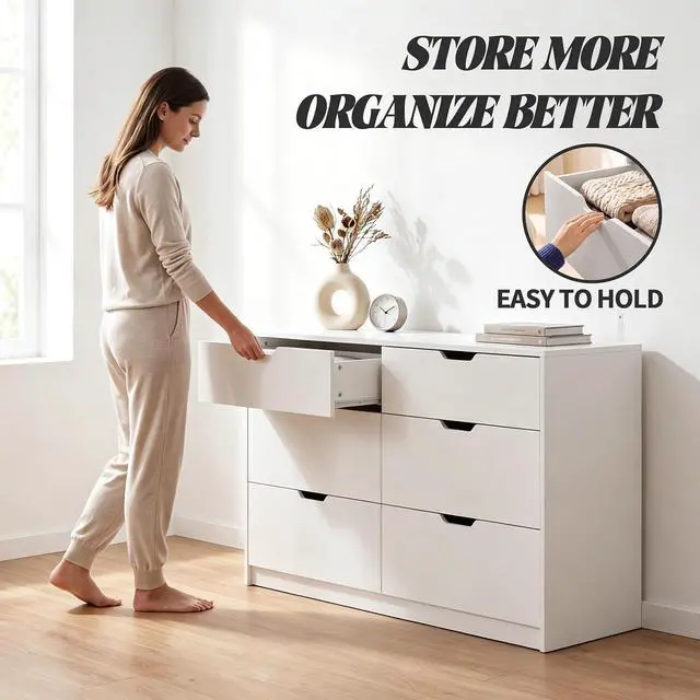 Alt view image 6 of 7 - Dresser for Bedroom with 6 Drawers, 47.2" Modern Wood Chest of Drawers with Two Drawer Sizes, TV Stand for Living Room, Closet & Entryway, White