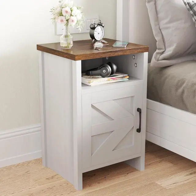 Alt view image 5 of 7 - Product Image End Table, Nightstand Set of 2, Modern Bedside Table with Barn Door and Open Wood Shelf, Side Table for Small Spaces, Bedroom (White)