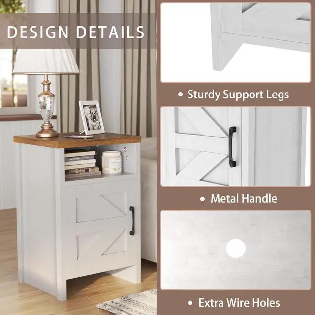 Alt view image 6 of 7 - Product Image End Table, Nightstand Set of 2, Modern Bedside Table with Barn Door and Open Wood Shelf, Side Table for Small Spaces, Bedroom (White)