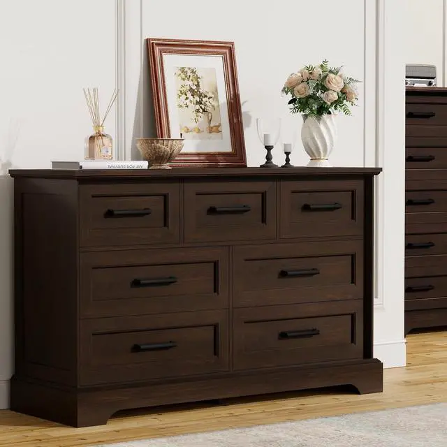 Alt view image 7 of 7 - Farmhouse Dresser for Bedroom, 7 Drawers Dresser, Wood Chest of Drawers, 47.5" Wide Storage Dressers Organizer for Bedroom, Living Room, Dark Brown