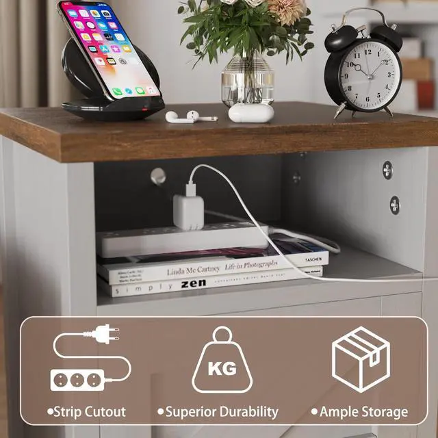 Alt view image 7 of 7 - Product Image End Table, Nightstand Set of 2, Modern Bedside Table with Barn Door and Open Wood Shelf, Side Table for Small Spaces, Bedroom (White)