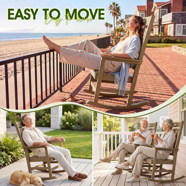 Alt view image 5 of 7 - Outdoor Rocking Chair, Weather Resistant Patio Rocker with High Back and Wide Armrests, Heavy Duty 350 lbs Capacity, Smooth Gliding for Porch Backyard Garden, Low Maintenance