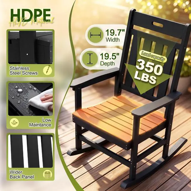 Alt view image 4 of 7 - Outdoor Rocking Chair, Weather Resistant Patio Rocker with High Back and Wide Armrests, Heavy Duty 350 lbs Capacity, Smooth Gliding for Porch Backyard Garden, Low Maintenance