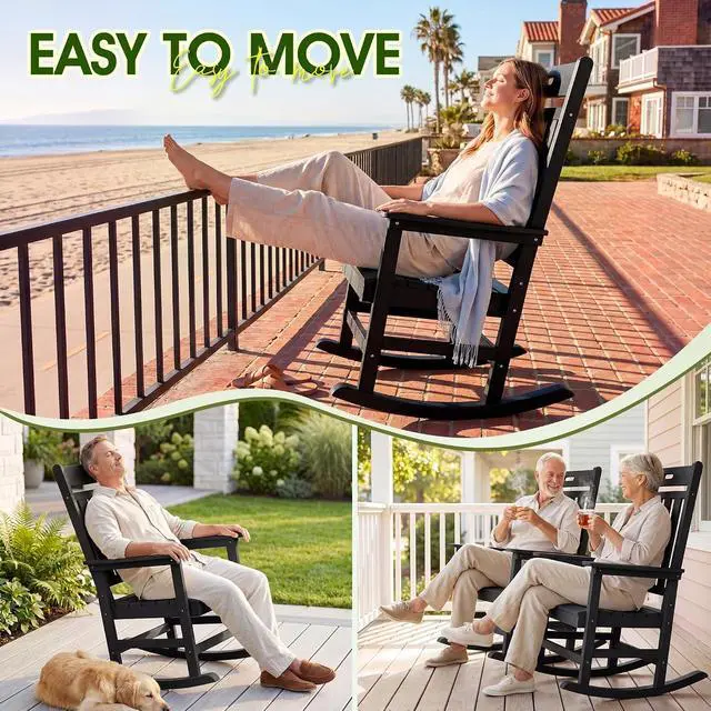 Alt view image 5 of 7 - Outdoor Rocking Chair, Weather Resistant Patio Rocker with High Back and Wide Armrests, Heavy Duty 350 lbs Capacity, Smooth Gliding for Porch Backyard Garden, Low Maintenance