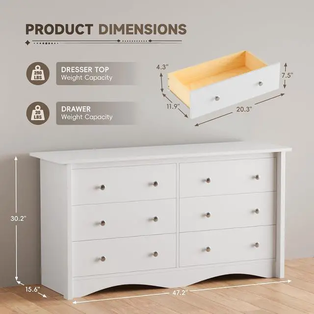 Alt view image 2 of 7 - Dresser for Bedroom, 6 Wood Dresser, Chest of Drawers, for TV up to 65 inch, TV Stand Storage Chest of Drawers for Hallway Entryway (White)