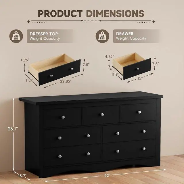 Alt view image 3 of 7 - Dresser for Bedroom, 7 Wood Dresser, Chest of Drawers, for TV up to 65 inch, TV Stand Storage Chest of Drawers for Hallway Entryway (Black)