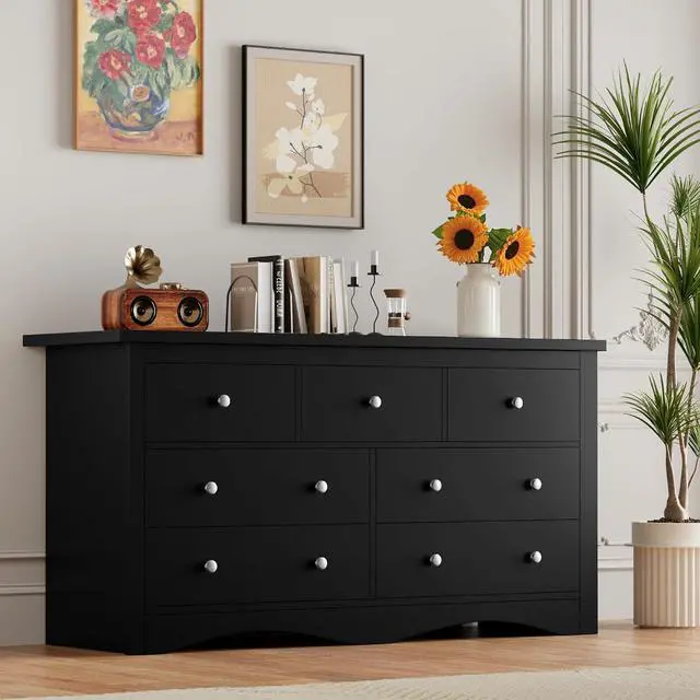 Alt view image 2 of 7 - Dresser for Bedroom, 7 Wood Dresser, Chest of Drawers, for TV up to 65 inch, TV Stand Storage Chest of Drawers for Hallway Entryway (Black)