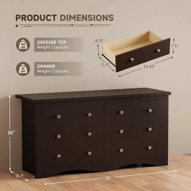 Alt view image 3 of 7 - Dresser for Bedroom, 6 Wood Dresser, Chest of Drawers, for TV up to 65 inch, TV Stand Storage Chest of Drawers for Hallway Entryway (Brown)