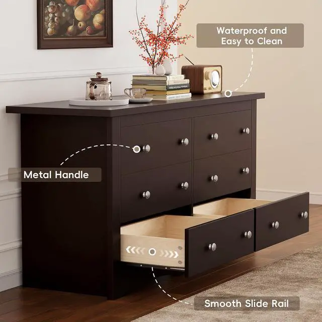 Alt view image 5 of 7 - Dresser for Bedroom, 6 Wood Dresser, Chest of Drawers, for TV up to 65 inch, TV Stand Storage Chest of Drawers for Hallway Entryway (Brown)