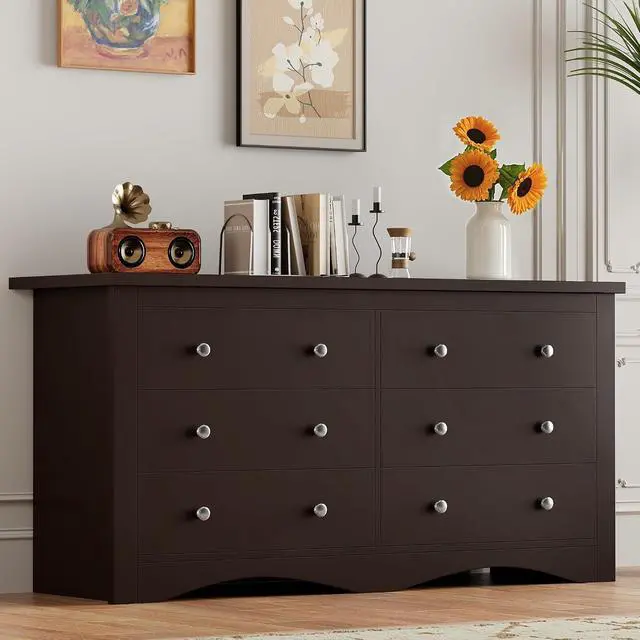 Alt view image 7 of 7 - Dresser for Bedroom, 6 Wood Dresser, Chest of Drawers, for TV up to 65 inch, TV Stand Storage Chest of Drawers for Hallway Entryway (Brown)