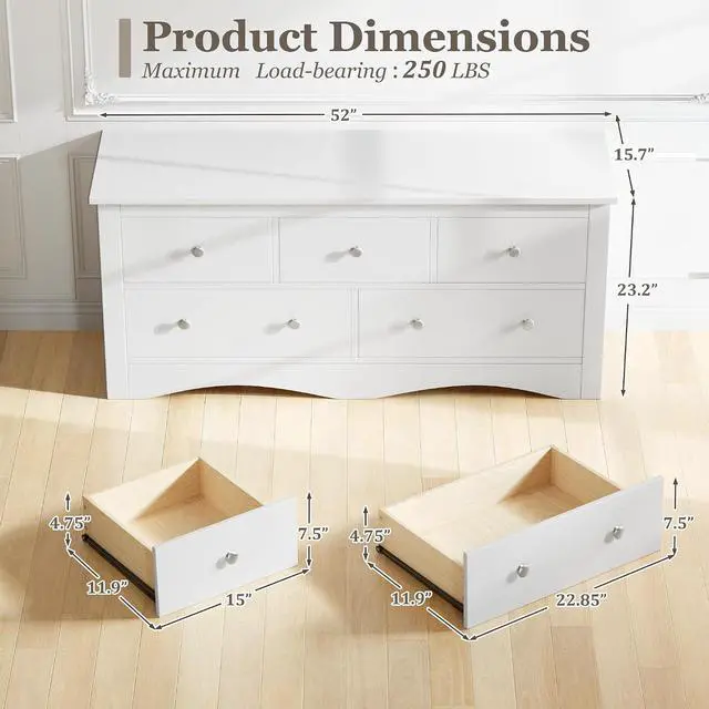 Alt view image 2 of 7 - 5 Dresser for Bedroom, Wood Dresser, Chest of Drawers, for TV up to 65 inch, TV Stand Storage Chest of Drawers for Hallway, Entryway, Living Room (White)