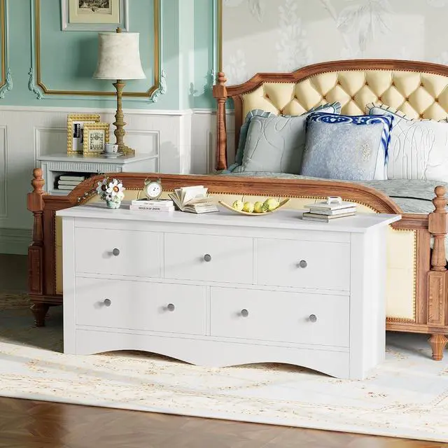 Alt view image 5 of 7 - 5 Dresser for Bedroom, Wood Dresser, Chest of Drawers, for TV up to 65 inch, TV Stand Storage Chest of Drawers for Hallway, Entryway, Living Room (White)