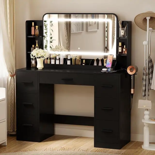 Main image of Vanity Desk with Mirror with LED Light Strip, Makeup Vanity with 2 AC Outlets and1 USB1 Type-C Port, 3 Modes Adjustable Lighting Mirror, Modern Ample Storage Drawers Dressing Table, Black