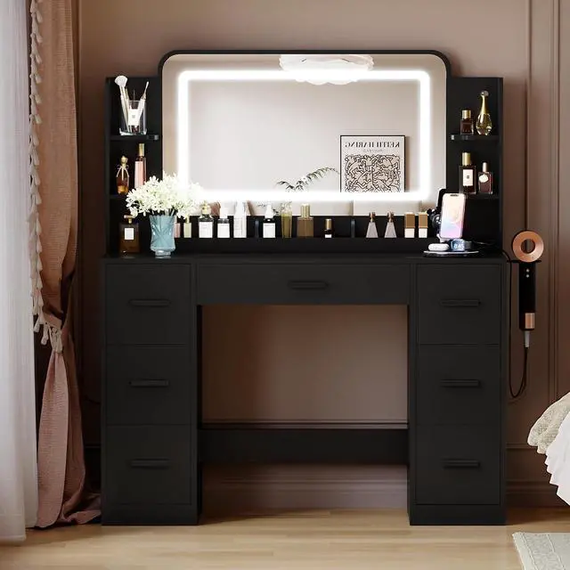 Alt view image 2 of 6 - Vanity Desk with Mirror with LED Light Strip, Makeup Vanity with 2 AC Outlets and1 USB1 Type-C Port, 3 Modes Adjustable Lighting Mirror, Modern Ample Storage Drawers Dressing Table, Black