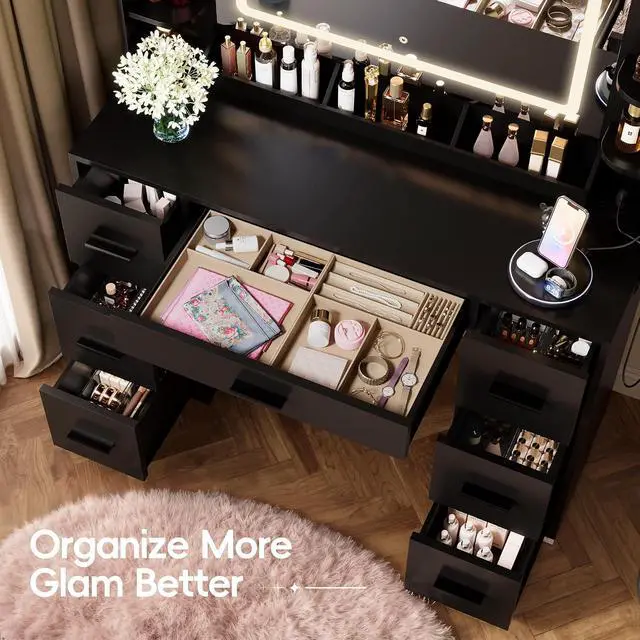 Alt view image 3 of 6 - Vanity Desk with Mirror with LED Light Strip, Makeup Vanity with 2 AC Outlets and1 USB1 Type-C Port, 3 Modes Adjustable Lighting Mirror, Modern Ample Storage Drawers Dressing Table, Black