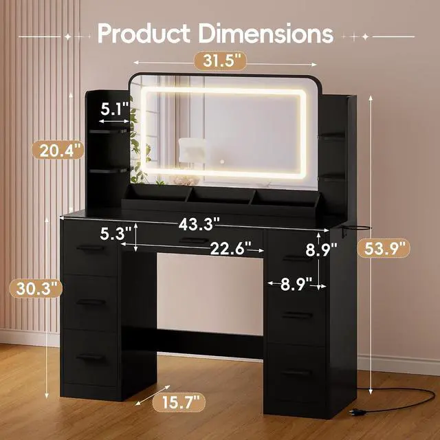 Alt view image 6 of 6 - Vanity Desk with Mirror with LED Light Strip, Makeup Vanity with 2 AC Outlets and1 USB1 Type-C Port, 3 Modes Adjustable Lighting Mirror, Modern Ample Storage Drawers Dressing Table, Black