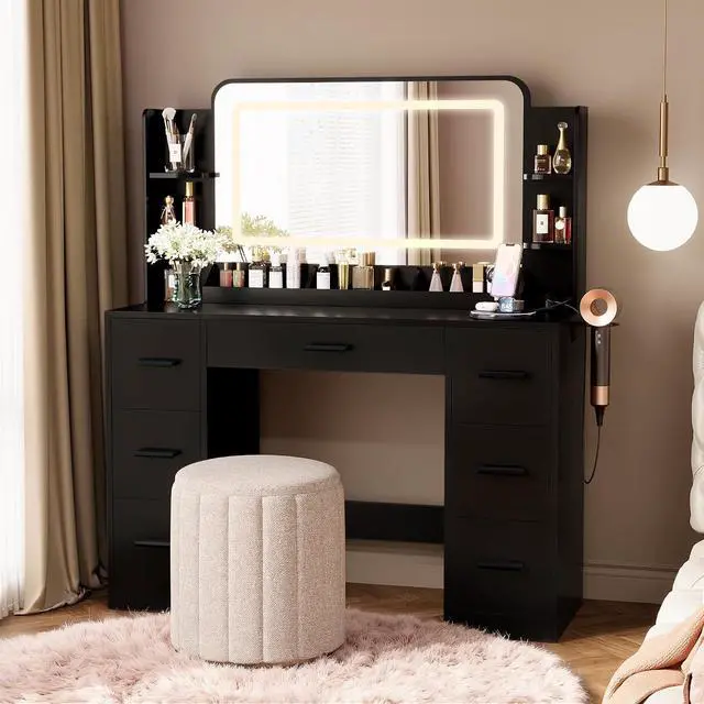 Alt view image 5 of 6 - Vanity Desk with Mirror with LED Light Strip, Makeup Vanity with 2 AC Outlets and1 USB1 Type-C Port, 3 Modes Adjustable Lighting Mirror, Modern Ample Storage Drawers Dressing Table, Black