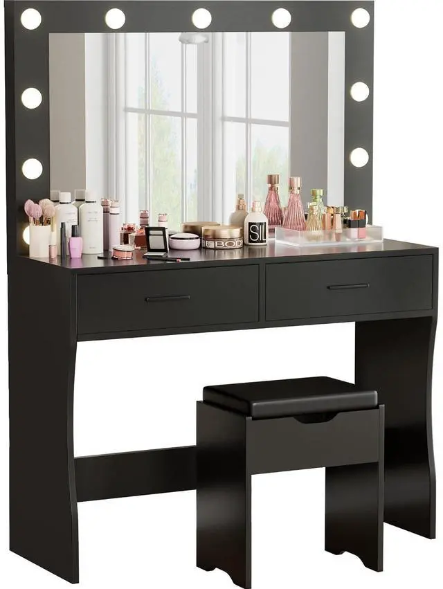 Main image of Vanity Desk Set with Large Lighted Mirror, 35.4 Inch Makeup Vanity Table with 2 Drawers, Cushioned Storage Stool, 3 Lighting Modes Brightness Adjustable, Dressing Table for Bedroom (Black)