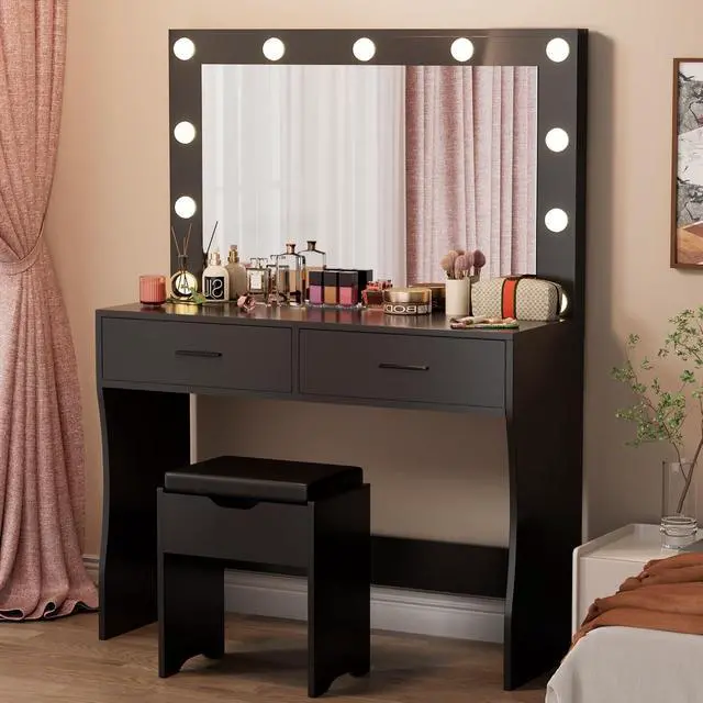 Alt view image 2 of 7 - Vanity Desk Set with Large Lighted Mirror, 35.4 Inch Makeup Vanity Table with 2 Drawers, Cushioned Storage Stool, 3 Lighting Modes Brightness Adjustable, Dressing Table for Bedroom (Black)