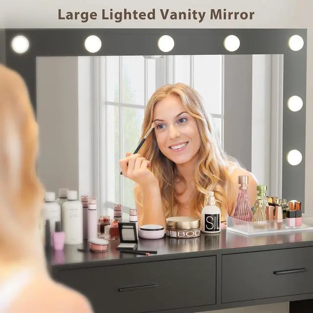 Alt view image 4 of 7 - Vanity Desk Set with Large Lighted Mirror, 35.4 Inch Makeup Vanity Table with 2 Drawers, Cushioned Storage Stool, 3 Lighting Modes Brightness Adjustable, Dressing Table for Bedroom (Black)
