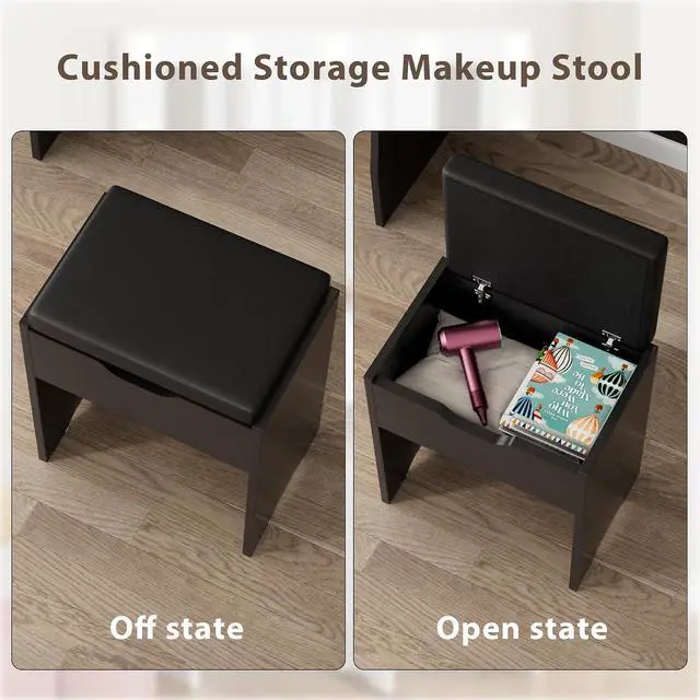 Alt view image 5 of 7 - Vanity Desk Set with Large Lighted Mirror, 35.4 Inch Makeup Vanity Table with 2 Drawers, Cushioned Storage Stool, 3 Lighting Modes Brightness Adjustable, Dressing Table for Bedroom (Black)
