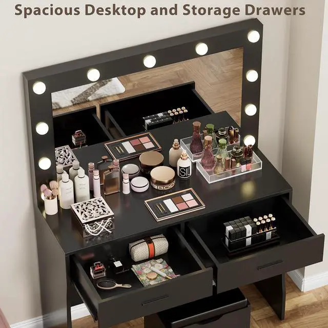 Alt view image 6 of 7 - Vanity Desk Set with Large Lighted Mirror, 35.4 Inch Makeup Vanity Table with 2 Drawers, Cushioned Storage Stool, 3 Lighting Modes Brightness Adjustable, Dressing Table for Bedroom (Black)