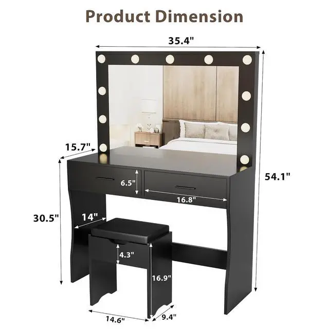 Alt view image 7 of 7 - Vanity Desk Set with Large Lighted Mirror, 35.4 Inch Makeup Vanity Table with 2 Drawers, Cushioned Storage Stool, 3 Lighting Modes Brightness Adjustable, Dressing Table for Bedroom (Black)