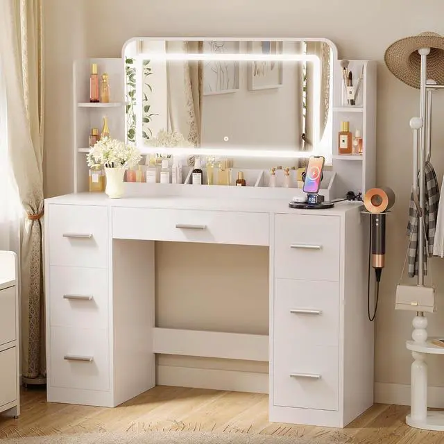 Main image of Vanity Desk with Mirror with LED Light Strip, Makeup Vanity with 2 AC Outlets and1 USB1 Type-C Port, 3 Modes Adjustable Lighting Mirror, Modern Ample Storage Drawers Dressing Table, White