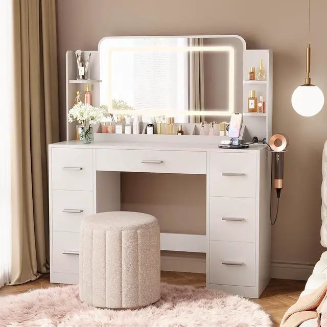Alt view image 2 of 7 - Vanity Desk with Mirror with LED Light Strip, Makeup Vanity with 2 AC Outlets and1 USB1 Type-C Port, 3 Modes Adjustable Lighting Mirror, Modern Ample Storage Drawers Dressing Table, White