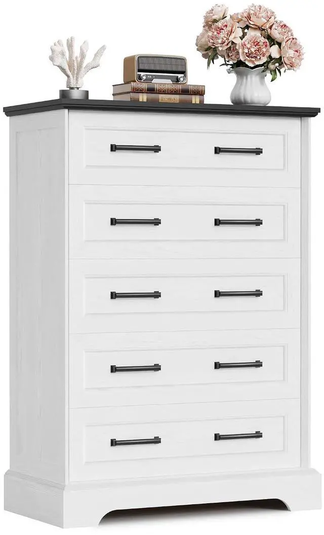 Main image of Farmhouse Dresser for Bedroom, 5 Drawers Dresser, Wood Chest of Drawers, 31.5" Wide Storage Dressers Organizer for Bedroom, Living Room (White and Black)