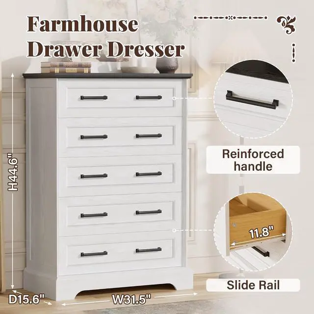 Alt view image 3 of 7 - Farmhouse Dresser for Bedroom, 5 Drawers Dresser, Wood Chest of Drawers, 31.5" Wide Storage Dressers Organizer for Bedroom, Living Room (White and Black)