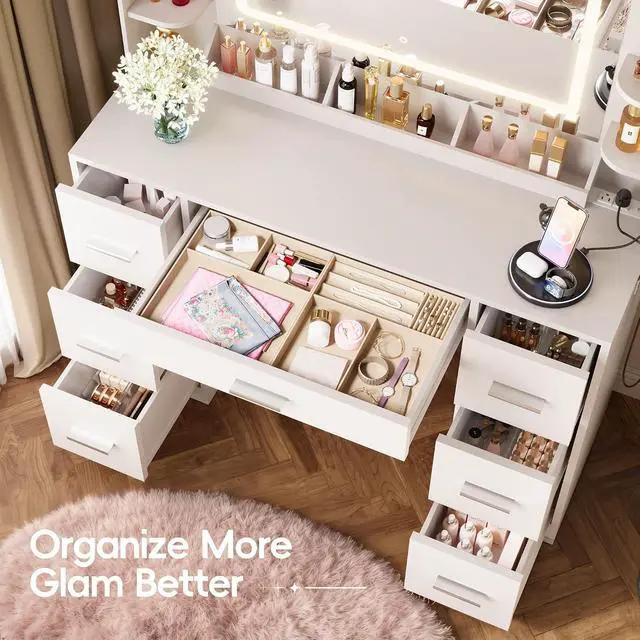 Alt view image 3 of 7 - Vanity Desk with Mirror with LED Light Strip, Makeup Vanity with 2 AC Outlets and1 USB1 Type-C Port, 3 Modes Adjustable Lighting Mirror, Modern Ample Storage Drawers Dressing Table, White