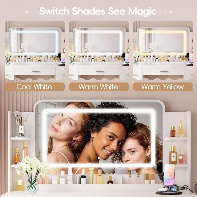 Alt view image 4 of 7 - Vanity Desk with Mirror with LED Light Strip, Makeup Vanity with 2 AC Outlets and1 USB1 Type-C Port, 3 Modes Adjustable Lighting Mirror, Modern Ample Storage Drawers Dressing Table, White