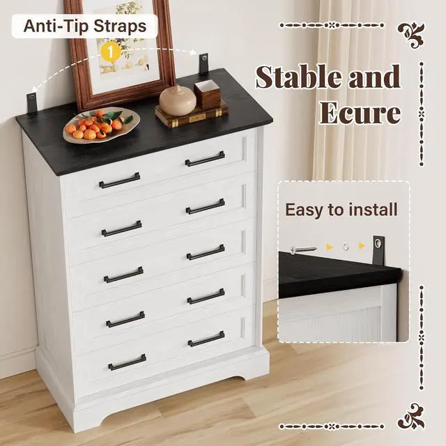 Alt view image 4 of 7 - Farmhouse Dresser for Bedroom, 5 Drawers Dresser, Wood Chest of Drawers, 31.5" Wide Storage Dressers Organizer for Bedroom, Living Room (White and Black)