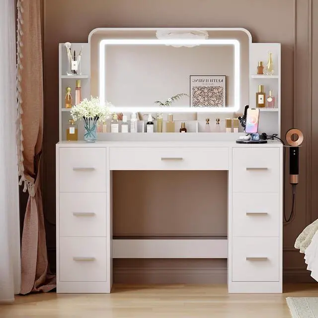 Alt view image 6 of 7 - Vanity Desk with Mirror with LED Light Strip, Makeup Vanity with 2 AC Outlets and1 USB1 Type-C Port, 3 Modes Adjustable Lighting Mirror, Modern Ample Storage Drawers Dressing Table, White
