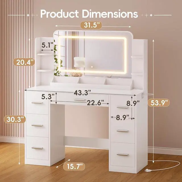 Alt view image 7 of 7 - Vanity Desk with Mirror with LED Light Strip, Makeup Vanity with 2 AC Outlets and1 USB1 Type-C Port, 3 Modes Adjustable Lighting Mirror, Modern Ample Storage Drawers Dressing Table, White