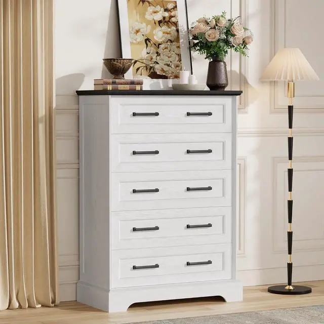 Alt view image 6 of 7 - Farmhouse Dresser for Bedroom, 5 Drawers Dresser, Wood Chest of Drawers, 31.5" Wide Storage Dressers Organizer for Bedroom, Living Room (White and Black)
