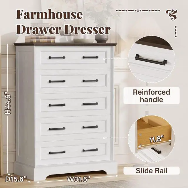 Alt view image 3 of 7 - Farmhouse Dresser for Bedroom, 5 Drawers Dresser, Wood Chest of Drawers, 31.5" Wide Storage Dressers Organizer for Bedroom, Living Room (White and Brown)