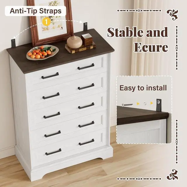 Alt view image 5 of 7 - Farmhouse Dresser for Bedroom, 5 Drawers Dresser, Wood Chest of Drawers, 31.5" Wide Storage Dressers Organizer for Bedroom, Living Room (White and Brown)