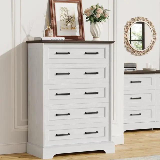 Alt view image 2 of 7 - Farmhouse Dresser for Bedroom, 5 Drawers Dresser, Wood Chest of Drawers, 31.5" Wide Storage Dressers Organizer for Bedroom, Living Room (White and Brown)